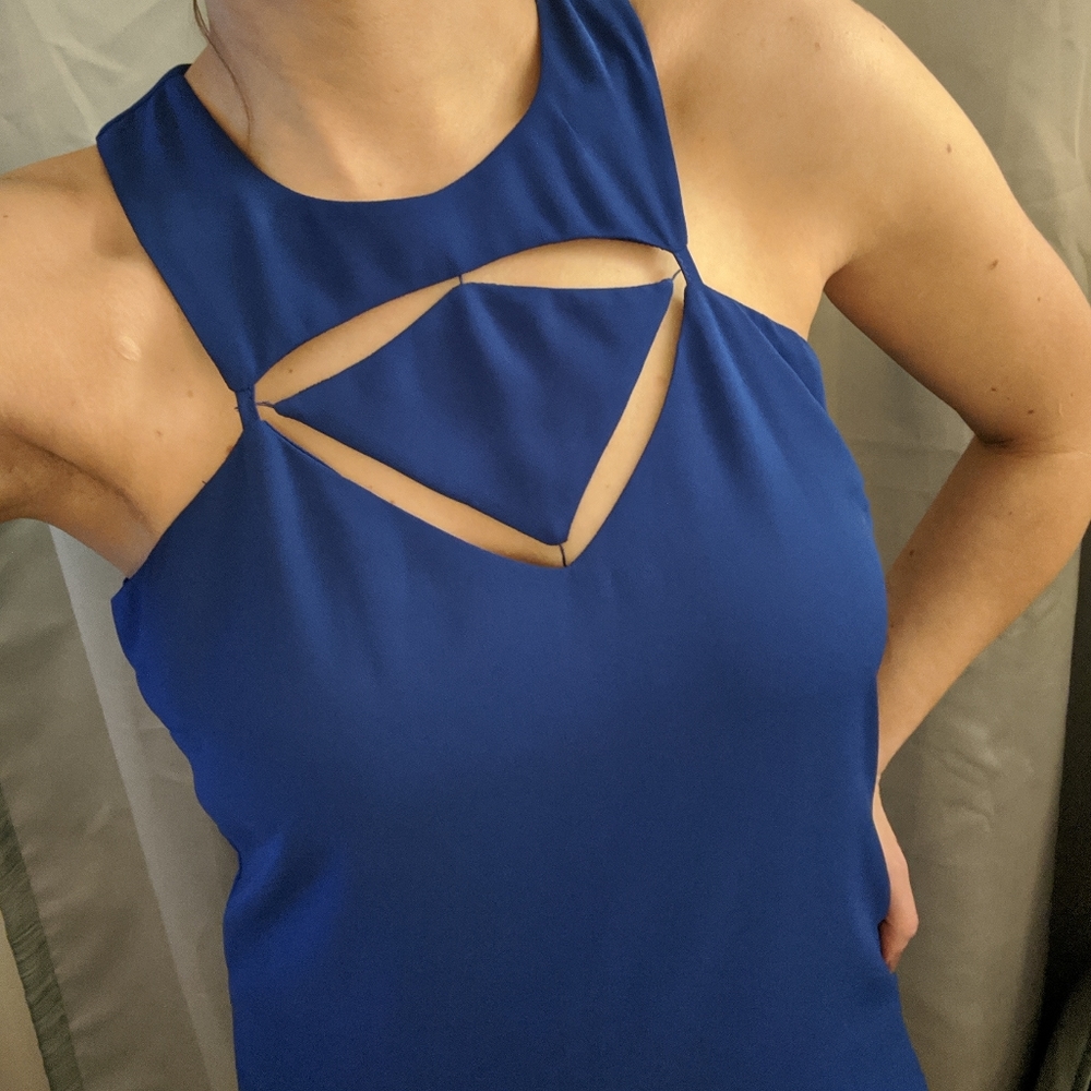 Geometric Royal blue, blue, Gianni Bini, midi dress, cutout dress.
